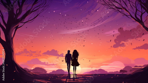 A couple stands hand in hand under a starry twilight sky  with a backdrop of tranquil silhouetted trees and distant hills