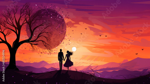 A couple stands under a starry sky with a giant moon  a whimsical representation of a romantic night.