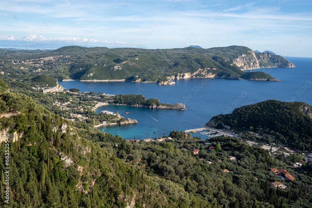 a wonderful view of Paleokastritsa beaches and green surroundings from the top of the hill 