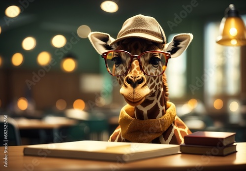 Giraffe become teacher, wearing glasses and hat, inside classroom