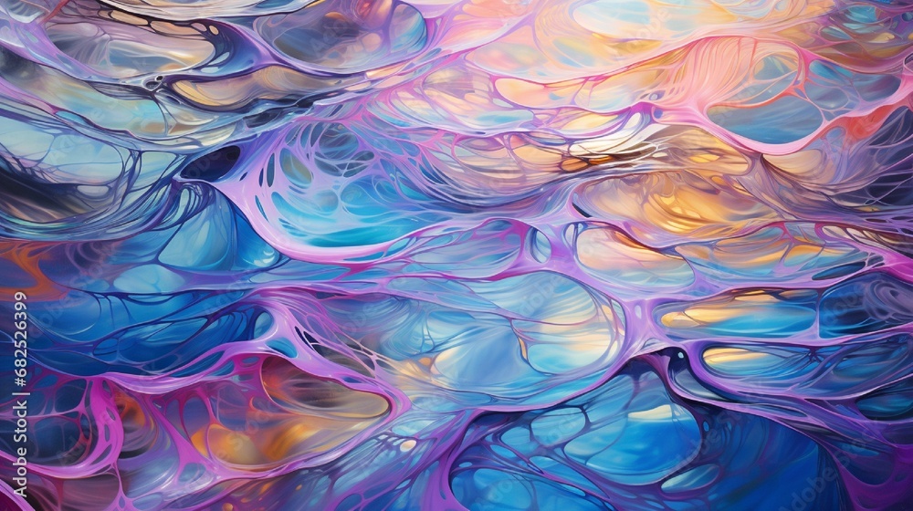Liquid metallic streams converging into a shimmering pool of iridescent hues within a surreal backdrop.