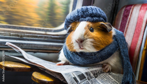 Reading newspaper in train. Travel concept. guinea pig,ai generated