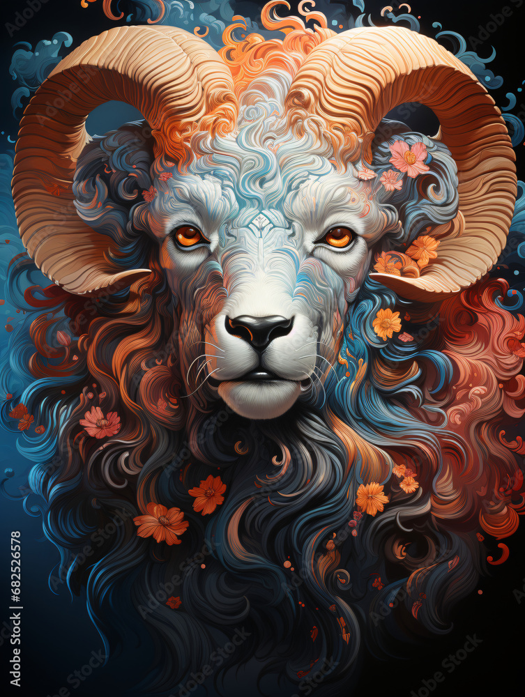 Zodiac sign Aries, portrait of a ram close-up. Colorful illustration of an animal with horns. Horoscope.