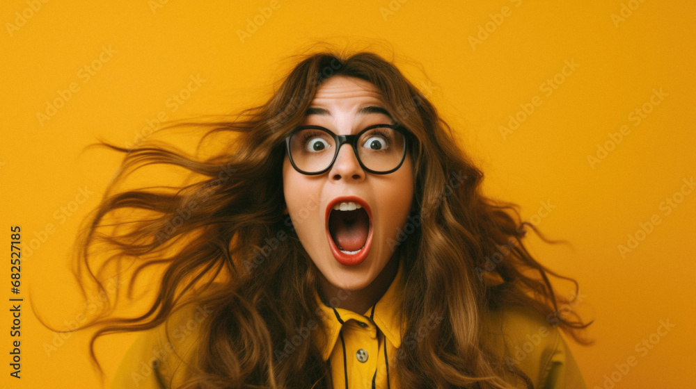Shocked woman wearing eyeglasses and looking at camera isolated over yellow background.