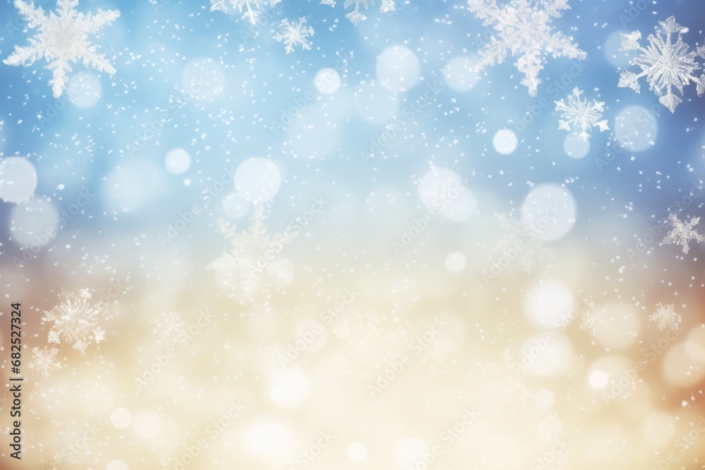 holiday background with blinking stars and falling snowflakes. Blurred bokeh of Christmas lights.
