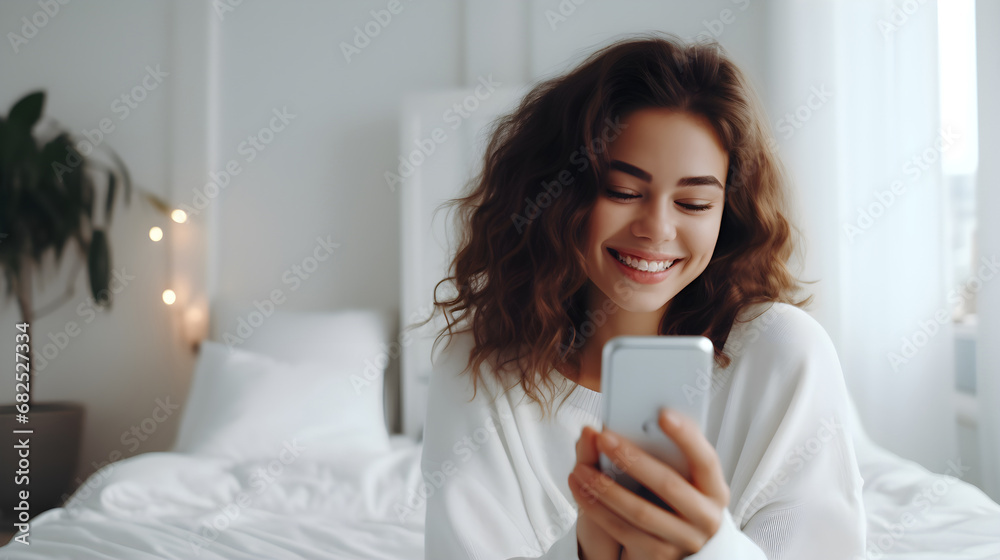 Young teen girl relax sitting at home in white room and holding phone video calling distance friend dating online on mobile screen using smartphone video chat app. Young teen girl relax sitting at home in white room and holding phone video calling distance friend dating online on mobile screen using smartphone video chat app.