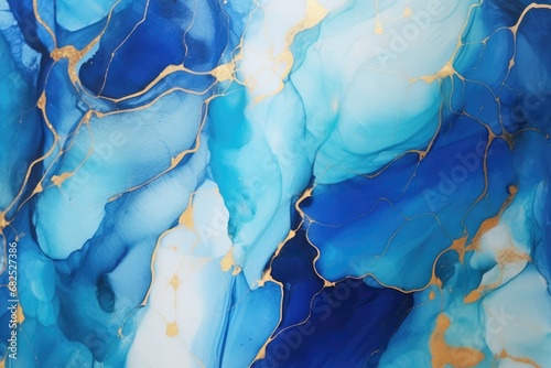 Abstract blue liquid watercolor background with golden lines. Pastel marble alcohol ink drawing.