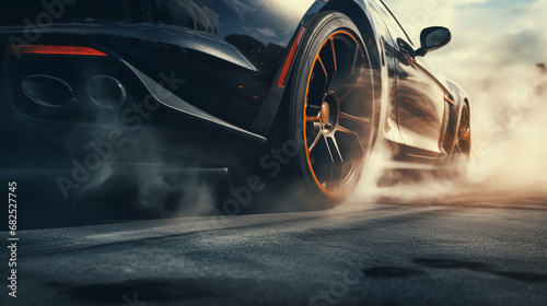 drifting car wheels close-up,Sports car racing on the race track. ai generative