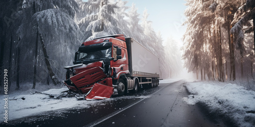 Truck accident with snow on the road in winter forest. ai generative