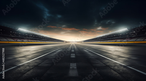 The finish line of an asphalt race track with serpentine roads and illuminated floodlights. ai generative © Oleksandr
