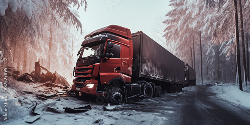 Truck accident with snow on the road in winter forest. ai generative photo