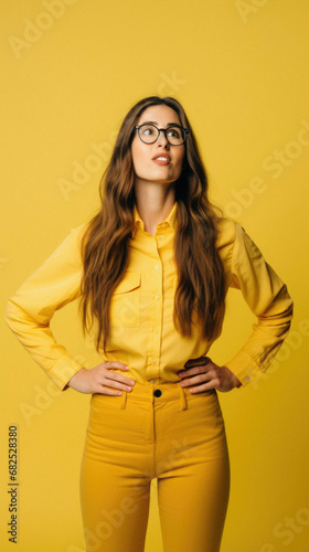 Beautiful young female model with long hair posing in studio on yellow background. woman in stylish casual style clothes.
