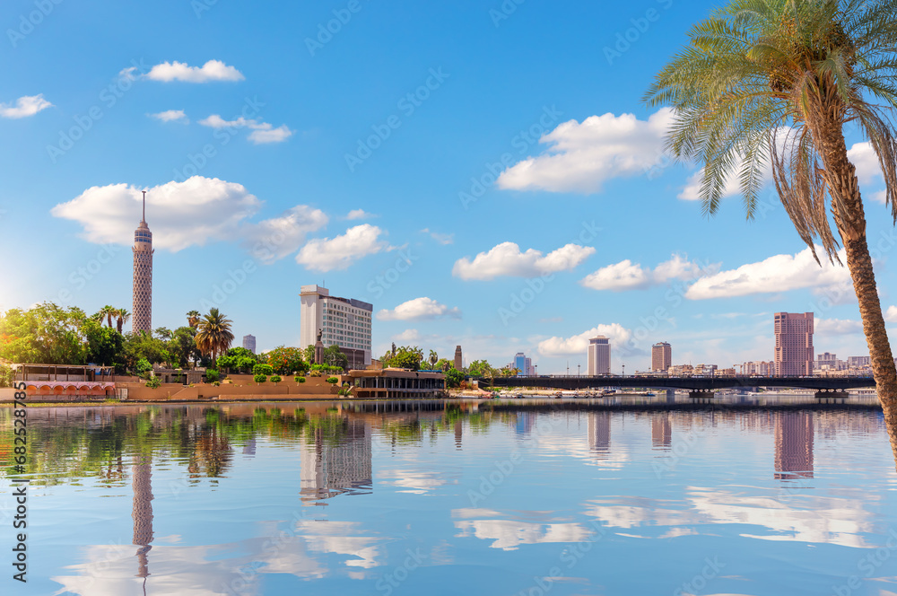 Nile river and famous buildings of Cairo downtown, great scenery of Egypt