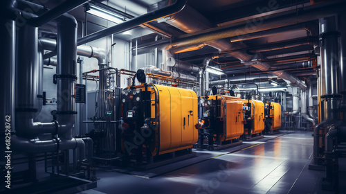 Modern boiler room with gas boilers, industrial heating. ai generative