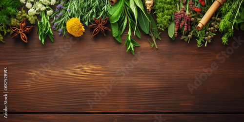 medicinal herbs on wooden background. ai generative