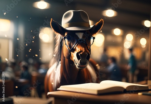 Horse become teacher, wearing glasses and hat, inside clssroom
