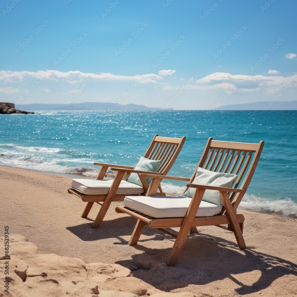 Wooden deck chairs on the beach with the sea in the background. Seashore. Two Beach Chairs on Seashore. Deckchair.