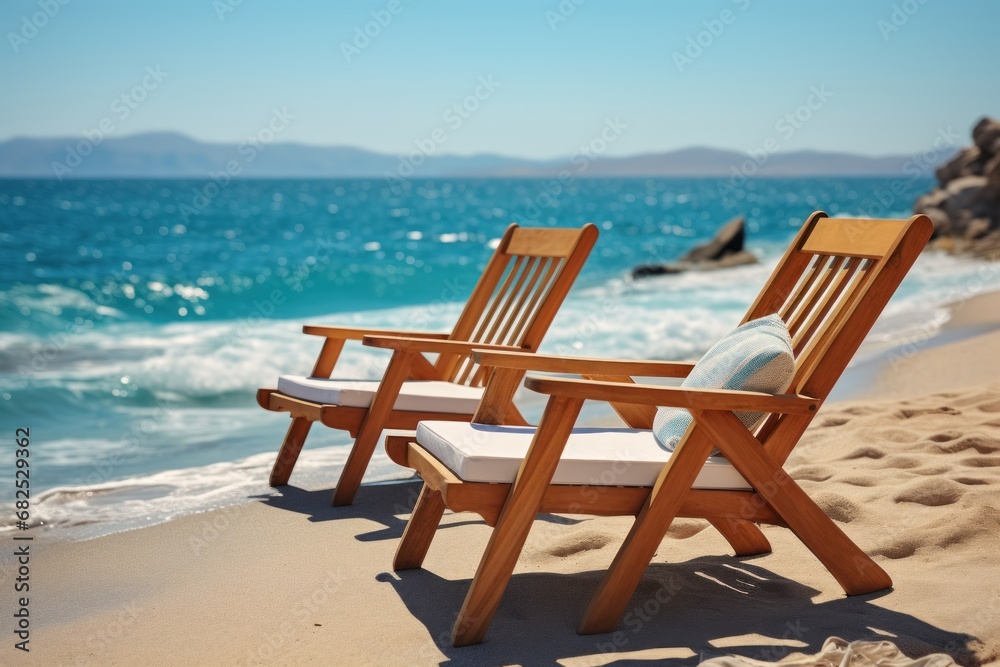 Wooden deck chairs on the beach. Vacation and relaxation concept. Seashore. Two Beach Chairs on Seashore. Deckchair.