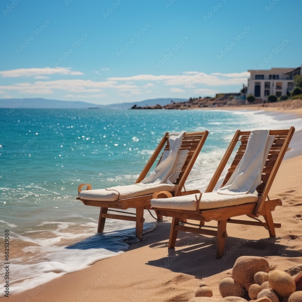 Beach chairs on the sand near the sea. Vacation concept. Seashore. Two Beach Chairs on Seashore. Deckchair.