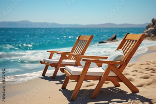 Wooden deck chairs on the beach. Vacation and relaxation concept. Seashore. Two Beach Chairs on Seashore. Deckchair. © John Martin