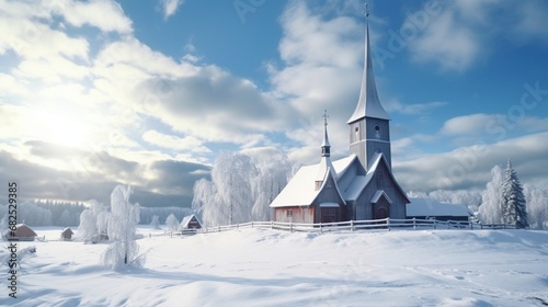 A snow-covered village church with a tall steeple rising into the wintry sky. © Mustafa_Art