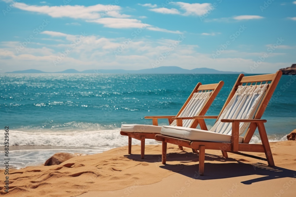 Two deck chairs on the beach near the sea. Vacation concept. Seashore. Two Beach Chairs on Seashore. Deckchair.