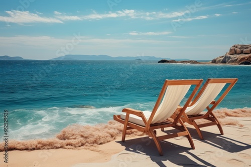 Beach chair on the sand with blue sea and sky background. Seashore. Two Beach Chairs on Seashore. Deckchair. © John Martin
