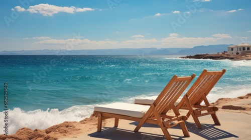 Wooden deck chairs on the beach with blue sea and sky background. Seashore. Two Beach Chairs on Seashore. Deckchair.