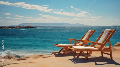 Wooden deck chairs on the beach with sea and mountains in the background. Seashore. Two Beach Chairs on Seashore. Deckchair.