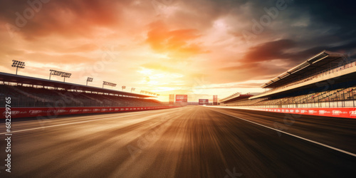 F1 race track circuit road with motion blur and grandstand stadium for Formula One racing