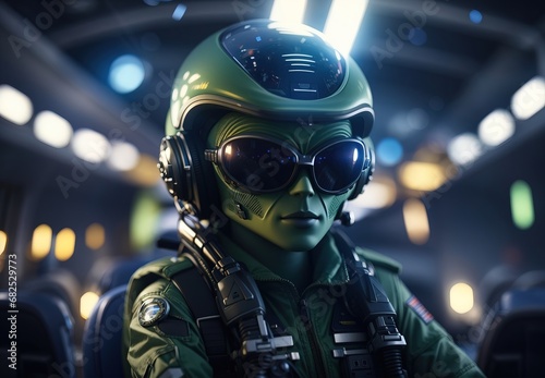 Alien become pilot, wearing glasses and hat, inside plane