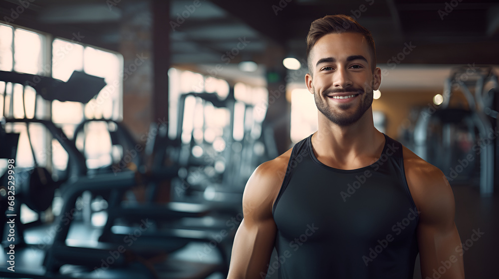 Muscular arabian man in sportswear, smiling and looking at the camera on the background of the gym. Personal trainer. The concept of a healthy lifestyle and sports. Muscular arabian man in sportswear, smiling and looking at the camera on the background of the gym. Personal trainer. The concept of a healthy lifestyle and sports.