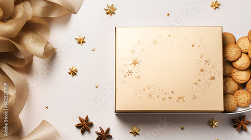 Cozy beige and gold-themed card or flyer showcasing a cookie box with a gold ribbon and Christmas decorations. A graphic frame provides ample space for text.