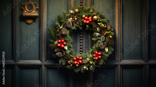 A beautiful, ornate advent wreath decorated with red baubles and a bow hangs on the green distressed front door. Elegant Christmas wreath on a wooden door on a snowy day
