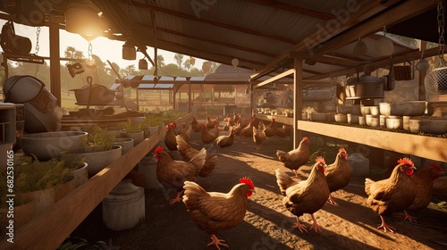 a poultry farm indoor, capturing broiler chicks feeding, the vibrant and dynamic atmosphere of the farm as the chicks engage in their feeding activities.