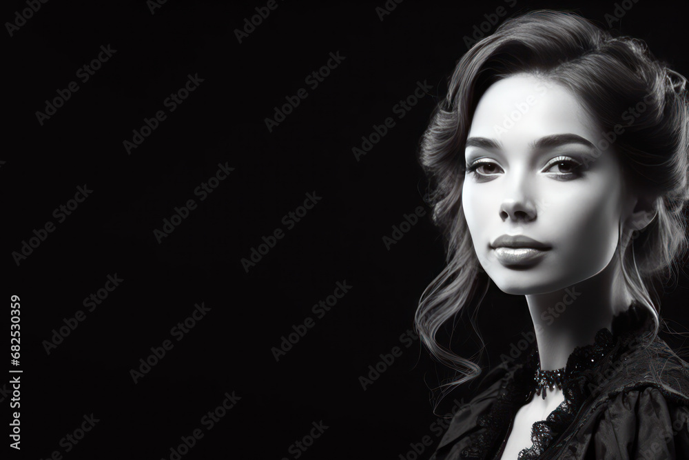 Woman in 19th century style on dark background. Place for text. Woman in 19th century style on dark background. Place for text.