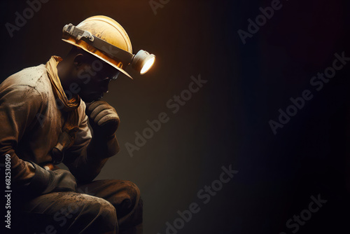 Sitting miner on a dark background. Place for text.