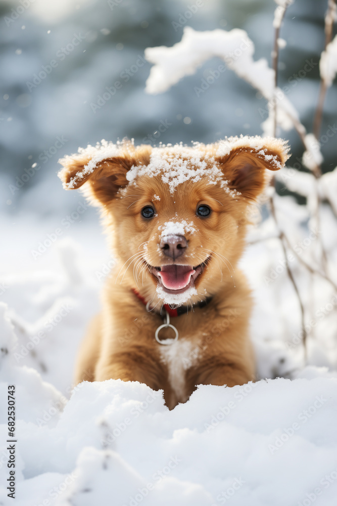 Funny puppy playing with a snow outdoors, ai generated