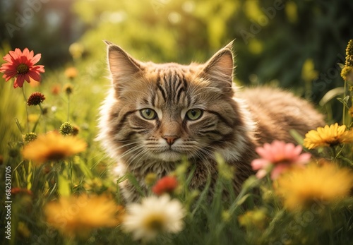 Cat in meadow field of flowers, nature background