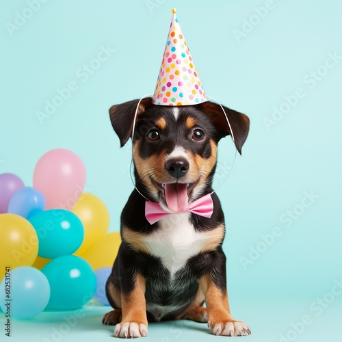 Creative animal concept. Dog puppy in party cone hat necklace bowtie outfit isolated on solid pastel background advertisement. Birthday party invite invitation - Generative AI photo