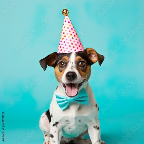 Creative animal concept. Dog puppy in party cone hat necklace bowtie outfit isolated on solid pastel background advertisement. Birthday party invite invitation - Generative AI © Marietimo