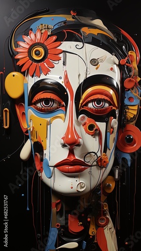 close up of a mannequin or doll with the head and body painted in a very colorful and geometric style