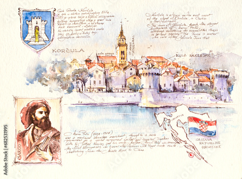 Historic town of Korcula panoramic view with a portrait of Marco Polo, the city's coat of arms, the flag and a map of Croatia. Illustration created with watercolors.