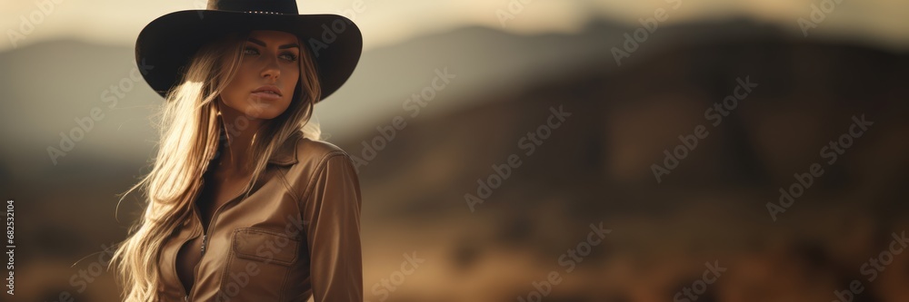 A Beautiful Badass Blonde Cowgirl - Amazing Cowgirl Background - Clothes are in the Raw, Tough and Grunge Style - Blonde Cowgirl Wallpaper created with Generative AI Technology - obrazy, fototapety, plakaty 