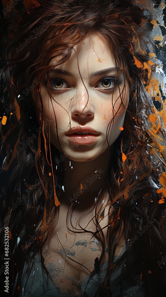 colorful paint image on the beautiful wihite face of a young woman colorful paint image on the beautiful wihite face of a young woman
