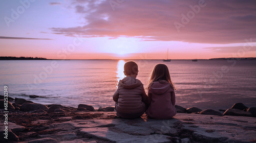 Children Sitting Together At the Seashore Looking out at the Ocean, Friendship, Bonding, and Siblings