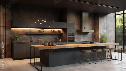 Kitchen in minimalist style. Bright or dark colors. Wood furniture  countertop. Modern interior design. Luxury dining room interior. created with Generative AI