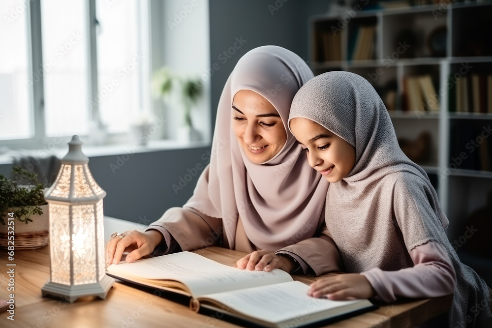Muslim Mother and Daughter Embrace the Joy of Homework Muslim Mother and Daughter Embrace the Joy of Homework
