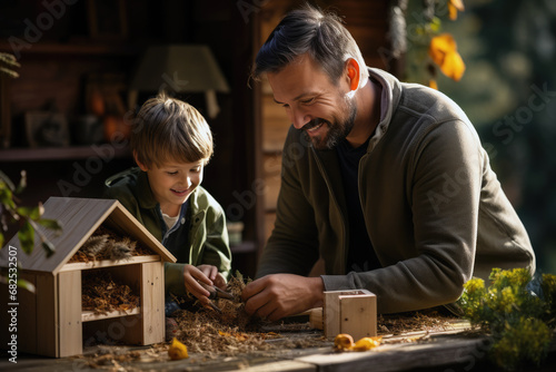 Dad and son making three bird house