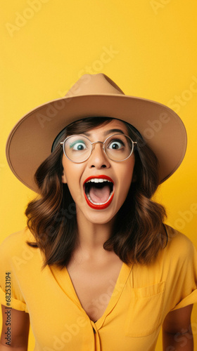 Beautiful young woman screaming in front of a yellow wall.